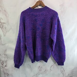Vintage Sweater Womens XL Purple Blue Crew 90s 80s Fuzzy Splotch Wool Acrylic